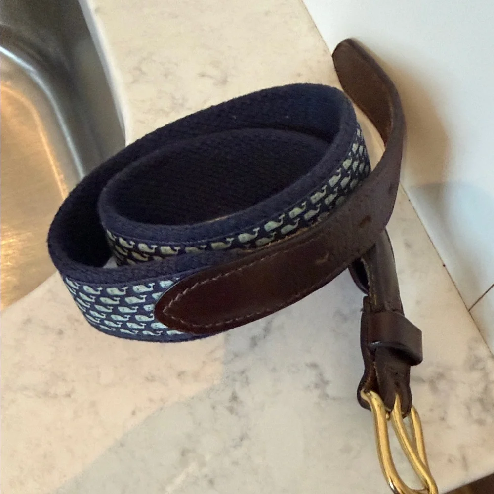 Vineyard Vines Navy and Brown Kids Belt with Gold Buckle